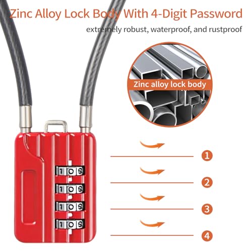 4-Digit Combination Cable Padlock with 12 inch (30 cm) Flexible Steel Cable, Small Lock for Locker,Luggage, Backpack,Cabinet,Gym Bag,Toolbox,Travel,Red,Black Rope (1, 20cm(8 inch Cable)) - size: 20cm(8 inch Cable)