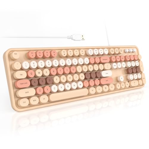 Colorful Computer Keyboards Wired, USB Plug and Play Full Size Typewriter Keyboard, Cute Aesthetic Keyboard with Foldable Stands for Windows PC Laptop (Milk Tea) - color: Milk Tea