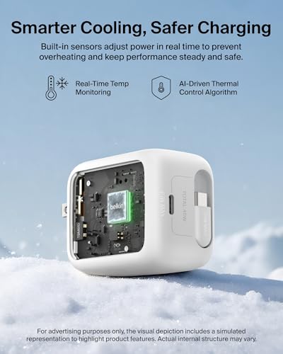 Belkin Wall GaN Charger 45W w/ 2.6ft Retractable USB C Cable & USB C Port - iPhone Charger Fast Charging for iPhone 17 & 16 Series, Galaxy S26 Series, AirPods, Tablet, MacBook, Chromebook, Travel - color: White, style: 45W
