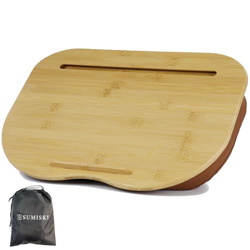 SUMISKY Bamboo Lap Desk for Laptop with Cushion, Portable Laptop Stand with Phone Hoder & Anti-Slip Stopper-Fits up to 15 inch for Home Office Students Use, 15x11 Inches with Bag - size: Small (15x11 in) with bag