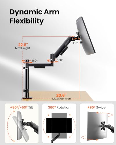 ErGear Single Monitor Arm, Adjustable Desk Gaming Monitor Mount for 13-34″ Screens, Up to 19.8 lbs, Enhanced Stability with Integrated C-Clamp, Upgraded Cable Management, VESA 75x75/100x100mm, Black - size: 17"-34", style: Single Arm