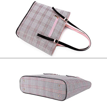 MOSISO Laptop Tote Bag for Women, 15-16 inch Large Tote Bag Compatible with MacBook Air 15 inch/Pro 16 inch, HP Dell Acer Asus, PU Leather Large Capacity Work Tote Bags with Bowknot Grid MO-GID001GYPK