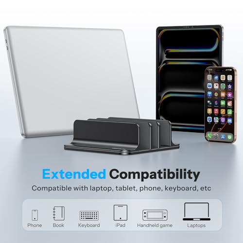 OMOTON Vertical Laptop Stand [Updated 3-Slots Version], Desktop Aluminum Mac Book Stand with Adjustable Dock Size, Fits All Mac Book, Surface, Chrome Book and Gaming Laptops (Up to 17.3 inch), Black - color: Three Slots-Black
