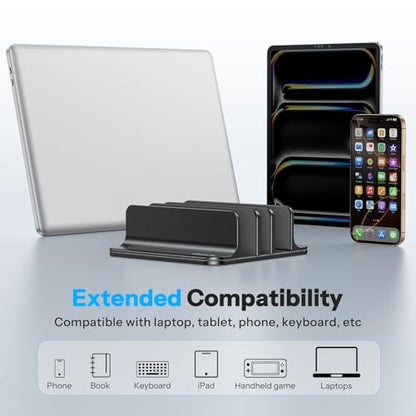 OMOTON 3-Slot Multiple Vertical Laptop Stand, Fits All MacBook, Black | Adjustable Width 0-1.38", Aluminum Office Space-Saving for Desk, Fits MacBook/Book/iPad Up to 17.3in - color: Three Slots-Black