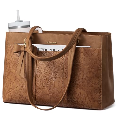 LOVEVOOK Laptop Tote Bag for Women,15.6 Inch Work Bags PU Leather Teacher Tote Bag,Waterproof Quilted Computer Bag for Office Professional Briefcase Gifts - color: Yellow Brown Embossed-a, size: 15.6 Inch