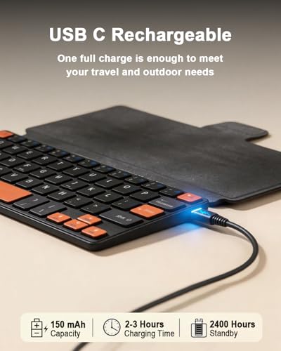 DOGAIN Universal Bluetooth Mini Keyboard, Rechargeable Portable Travel Keyboard with Orange Keys & Adjustable Angle Stand, Compact Wireless Keyboard for iPad/iPhone/Tablet/Laptop & Android/Windows/iOS