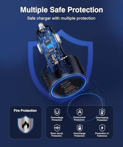165W USB-C Car Charger, 4-in-1 Super Fast Charging Cigarette Lighter Adapter, Dual USB-C & USB-A Multi-Port Car Phone Charger Accessory, for iPhone 17/16/15, iPad, Galaxy, Tablets and Other Devices - size: 165W