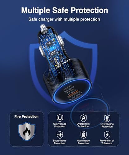 165W USB-C Car Charger, 4-in-1 Super Fast Charging Cigarette Lighter Adapter, Dual USB-C & USB-A Multi-Port Car Phone Charger Accessory, for iPhone 17/16/15, iPad, Galaxy, Tablets and Other Devices - size: 165W