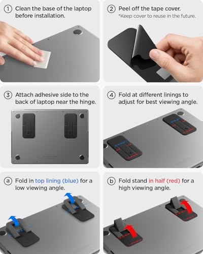 Spigen Slim Fold Adhesive Laptop Stand 2 Piece Foldable Portable Dual Ergonomic Angle Adjustment Lift Anti-Slip Compatible with MacBook Pro, MacBook Air 11"-16" and More - Black (LD201-S2) | Dual Ergonomic Angle Adjustment Lift Anti-Slip for MacBook Pro,
