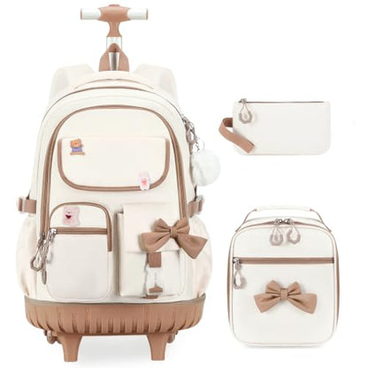 ACESAK Rolling Backpack for Girls - Roller Wheels School bag with Lunch Bag & Pencil Pouch for Teen Girls Kids Wheeled Suitcase Backpacks, Elementary Middle School Travel Daypack(Beige Khaki) - color: Beige Khaki