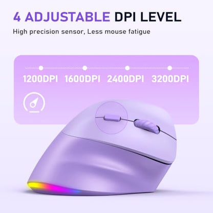 MEETION Ergonomic Wireless Vertical Mouse, Rechargeable, Purple | Bluetooth 5.2 + 3.0 and USB connectivity, RGB backlight, 4 DPI adjustment, compatible with Windows, Mac, Android, PC and iPad - color: Right Purple