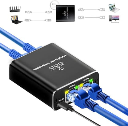 Pushua 1000Mbps Ethernet Splitter High Speed 1 to 3, Gigabit LAN Splitter (3 Devices Simultaneous Networking), RJ45 Splitter Adapter with USB Power Cable, Internet Splitter for Cat5/5e/6/7/8 Cable - style: 1to3