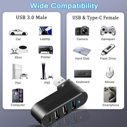 4-Port USB 3.0 Hub [90°/180° Degree Rotatable], USB Splitter with PD-in 5W USB C Port, USB Extender for Laptop, Car, iMac, MacBook Air, MacBook Pro, and More - style: USB 3.0 Hub