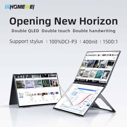 EHOMEWEI X1 Pro Dual Monitor, 2K 60Hz 16"*2 Laptop Expansion Portable Screens 2560 * 1600 100% DCI-P3 HDR 400 cd/㎡ Brightness for Gaming Phone/Switch/Windows MacOS No Stylus Touch