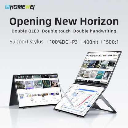 EHOMEWEI X1 Pro Dual Monitor, 2K 60Hz 16"*2 Laptop Expansion Portable Screens 2560 * 1600 100% DCI-P3 HDR 400 cd/㎡ Brightness for Gaming Phone/Switch/Windows MacOS No Stylus Touch