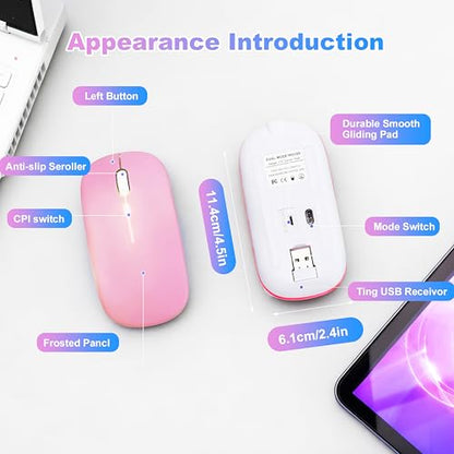 Wireless Bluetooth Mouse Rechargeable Long Lasting Dual Mode - BT 5.2 & 2.4G Silent RGB LED Mice, Slim Portable Ergonomic Mouse for Laptop/PC/Tablet/MacBook/iPad/Apple Devices(Pink) - color: Pink