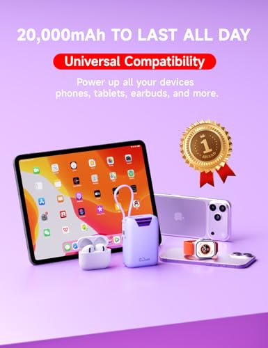 M2 Portable Charger, 20000mAh Power Bank, PD 35W Ultra Fast USB-C Built-in Cable, Compact Cute Mini External Battery Pack for iPhone, Samsung, Android iPad (Purple) - color: Purple