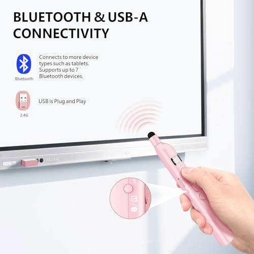N21 Bluetooth Presentation Clicker for PowerPoint with Retractable Pointer | ①Red laser ②Telescopic touch pen ③Countdown timer, vibration alert ④Customizable Button ⑤Rechargeable, battery level display - color: Pink - Red Pointer