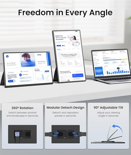 Portable Monitor, 16" 1200P FHD Laptop Screen Extender, Detachable Horizontal/Vertical Monitor, Plug & Play Dual Travel Monitor Build-in Speaker for Laptop/Mac/Windows - size: 16" Dual Screen