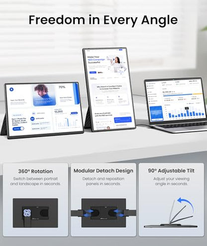 Portable Monitor, 16" 1200P FHD Laptop Screen Extender, Detachable Horizontal/Vertical Monitor, Plug & Play Dual Travel Monitor Build-in Speaker for Laptop/Mac/Windows - size: 16" Dual Screen