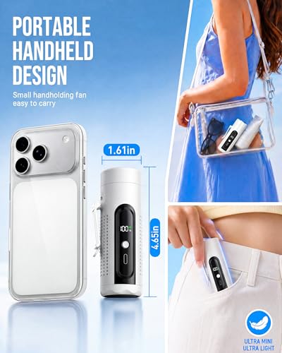 Mini Clip On Handheld Cooling Fan, 17000RPM 5 Speed Small Belt Fan with Ice Cooling Plate, Long Battery & LED Display, Portable Pocket Waist Fan for Travel Camping Hiking, Gifts for Men Women(White) - color: White