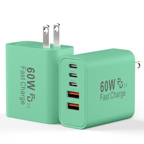 USB C Charging Blocks, 60W USBC Wall Fast Charger Block, Type C Phone USB C Charger Fast Charging Brick, 5-Port Multiport Charger Plug Power Adapter for Phone 17/16/15/14/13 Pro Max, Pad,S25-DeepGreen - color: Deep Green