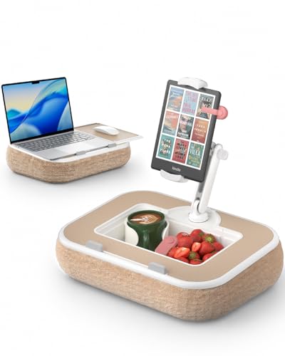 SupeDesk Laptop Lap Desk, Adjustable iPad Holder for Bed, 360° Swivel Tablet Arm, Laptop Desk with Mouse Pad, Snack Bowl & Cup Holder, Fits 4.7–13” Tablets & 15” Laptop (Beige) - color: Beige