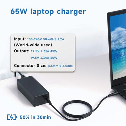 65W 45W Laptop Charger Compatible with Dell Inspiron 15 XPS (4.5mm) | 19.5V 3.34A AC Adapter with 4.5-7.4mm Tip For Latitude Vostro 5000 7000 Series 11 13 15 17 2-in-1 Replaces LA65NS2-01