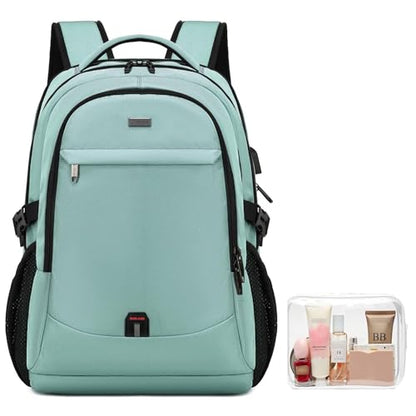 17 Inch Laptop Backpack for Travel Water Resistant College Backpack for Men/Women Laptop Bag with USB Charging Port and Clear Cosmetic Toiletry Bag, Green A - color: 30191 Green With Clear Toiletry Bag