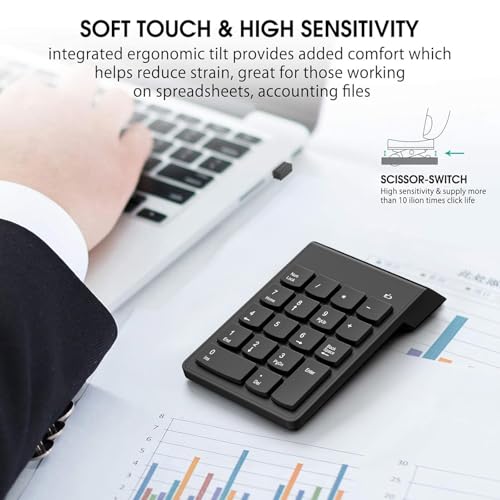 NOOX Wireless Number Pad, Portable Numeric Keypad 2.4G 18 Keys 10 Key USB Keypad for Laptop/Notebook/Surface Pro/PC, Financial Accounting Number Pad Keyboard - Black
