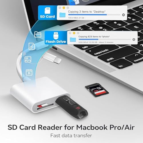 SD Card Reader for iPhone iPad, Built-in Lightning USB-C Dual Port SD Card Adapter with SD MicroSD USB 3 Slots Trail Camera Memory Card Viewer, No App Required, Plug and Play