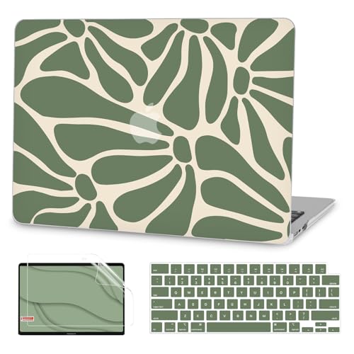 G JGOO Compatible with MacBook Air 13 inch Case 2026 2025-2022 M5 A3449 M4 A3240 M3 A3113 M2 A2681,Plastic Hard Shell for MacBook Air 13.6 inch Case+Keyboard Cover +Screen Protector, Abstract Flower - color: Abstract Green Flower