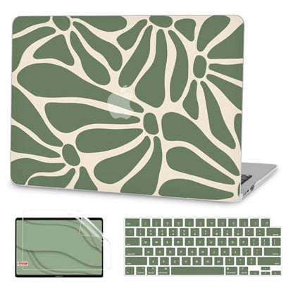 G JGOO Compatible with MacBook Air 13 inch Case 2026 2025-2022 M5 A3449 M4 A3240 M3 A3113 M2 A2681,Plastic Hard Shell for MacBook Air 13.6 inch Case+Keyboard Cover +Screen Protector, Abstract Flower - color: Abstract Green Flower