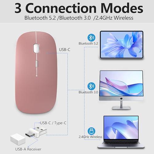 Silent Bluetooth Wireless Mouse with Jiggler, Rechargeable Portable Mouse for MacBook, iPad, Laptop & PC, Dual Mode BT5.2 and 2.4G, USB-C/USB-A Receiver, Adjustable DPI Compact Travel Mouse -Rose Gold - color: Rose Gold