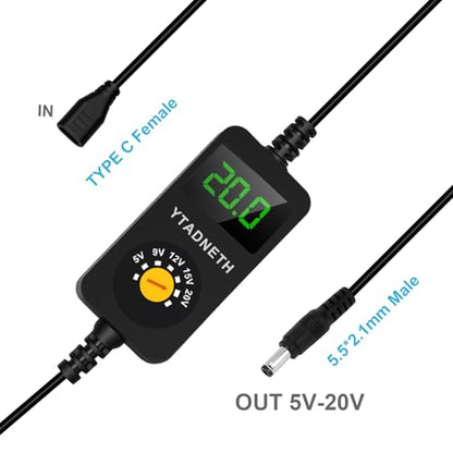 Universal USB C to DC Adapter, Barrel PD Trigger Cable, USB-C Female to DC 5V 9V 12V 15V 20V Adapter Cable with LED Display, for Netbook, Tablets, Led Light, Lamps, Routers