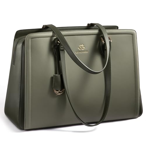 LOVEVOOK Laptop Bag for Women, Large Capacity Leather Computer Tote Bag, Waterproof Work Bags, Great Office Gifts for Women - color: Olive Green, size: 15.6 Inch