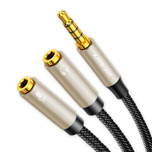 3.5mm Headphone Splitter Y Shape 1/8 Inch 2 TRS Female to 1 TRRS Male Mic and Audio 4 Pole Headset Stereo Adapter Cable Cord Compatible with Laptop, Smartphone, PC, Tablet, Gaming, etc