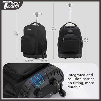 NEW TILAMI 16 Inch Rolling Backpack with Lunch Bag for Girls Boys School | 6-Wheel Stair-Climbing Girls Boys Carry-on Suitcase Water-Resistant Adjustable Trolley Handle Wheels School Travel Camping - color: Solid Black