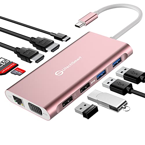 Docking Station, UtechSmart Docking Station Dual Monitor Triple Display USB C Adapter with 2 HDMI, VGA, PD 3.0 Port, SD TF Card Reader, 4 USB Ports USB-C Dock Compatible for MacBook, Other USBC Laptop - color: Pink, size: 11 in 1
