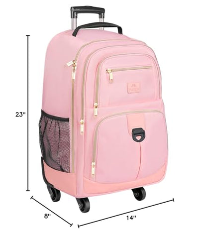 MATEIN Pink Rolling Backpack, Roller Laptop Bag with 4 Spinner Wheels | 18 inch Extra Large Wheeled Backpack Carry on Luggage, Water Resistant Rolling Suitcase Bag for Travel Women - color: Pink, size: 18 inch