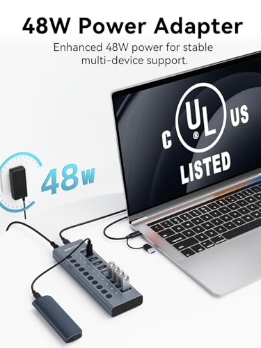Powered USB 3.2 Hub, ACASIS 10 Ports USB 3.2 Hub(5 USB-A 3.2 Ports+5 USB-C 3.2 Ports), Aluminum USB Hub Powered with 48W Power Adapter, USB Hub for PC/Laptop, Computer, Flash Drive, Printer, Camera - size: 10 Ports