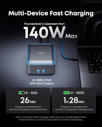 Anker Prime TB5 Docking Station, 14-in-1 Thunderbolt 5 Dock & Anker Laptop Charger, 140W MAX USB C Charger, 4-Port Multi-Device Fast Charging