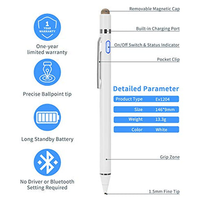 2-in-1 Active Stylus Digital Pen with 1.5mm Ultra Fine Tip for iPad iPhone Samsung Tablets, Work on Touchscreen Phones and Tablets,Good at Drawing and Writing, White
