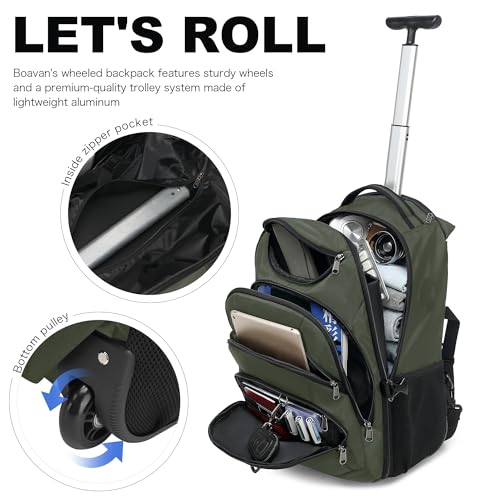 Boavan Rolling Backpack,17 inch Water Resistant Wheeled Backpack,Carry on Luggage Business Bag, Overnight College Computer bag Trolley Suitcase for Men Women Adults to Travel，Green - color: Green, size: 17.3 inches