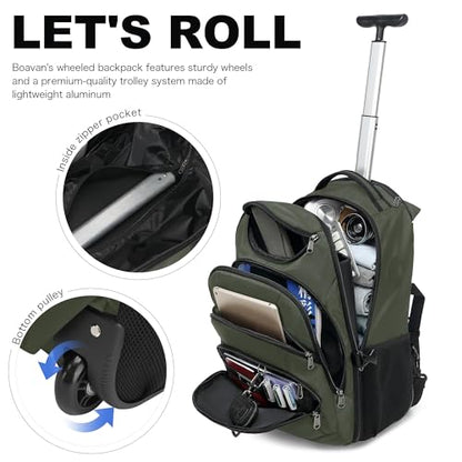 Boavan Rolling Backpack,17 inch Water Resistant Wheeled Backpack,Carry on Luggage Business Bag, Overnight College Computer bag Trolley Suitcase for Men Women Adults to Travel，Green - color: Green, size: 17.3 inches