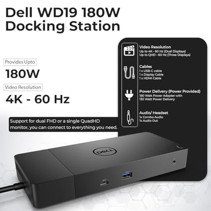 WD19 Dell Docking Station Dual Monitor - USB-C Dock with 180W Adapter, HDMI, DisplayPort, USB-C Cables - Dell Laptop Docking Station (Renewed)