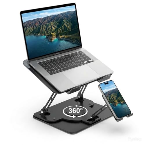 Laptop Stand for Desk,Adjustable Computer Stand with 360° Rotating Base,2-in-1 Laptop Stands with Phone Holder,Ergonomic Laptop Riser for Collaborative Work,fits for All 10-16" Laptops - color: Black
