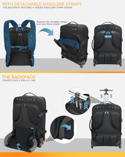 Backpack with wheels,Rolling laptop backpack with 2 Packing Cubes,Water-Resistant,Wheeled backpack Suitcase for Men Adults to Travel, Commuting,Black - color: Black-three