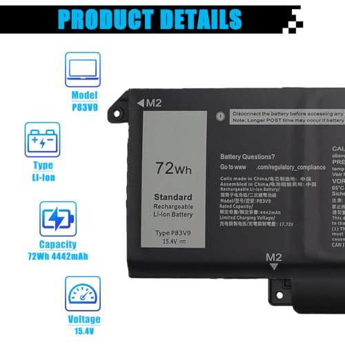 72Wh P83V9 Laptop Battery Replacement for Dell Precision 5470 5480 5490 Series Notebook P154G P154G001 P154G002 CDTT2 41CP8/61/60 15.4V 4442mAh 4-Cell - size: 10.62*3.37*0.26 inch P83V9