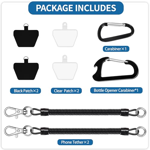Doormoon Phone Lanyard Tether with 4 Patch, Cell Phone Lanyard with 2* Phone Tether, 4* Patch, Carabiner*1, Bottle Opener Carabiner*1 for Outdoor Hiking Climbing, Black*2 - color: Black Tether*2;patch*4;carabiner*2